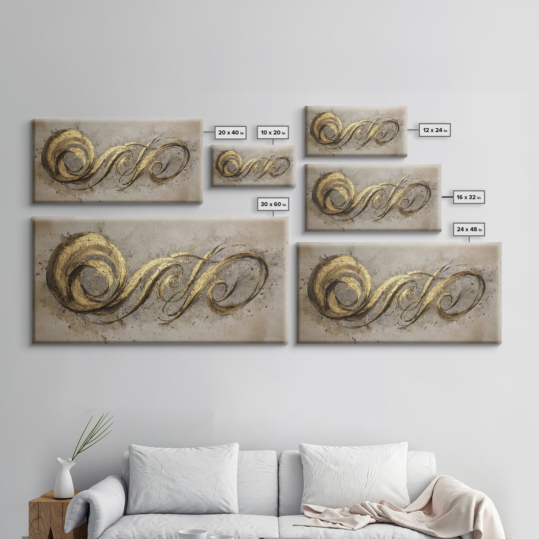 Gold Leaf Calligraphic Spiral on Plaster Surface Canvas Print, Calligraphy Art, Art Print, Living Room Decor, Script, CAL-2x1-34