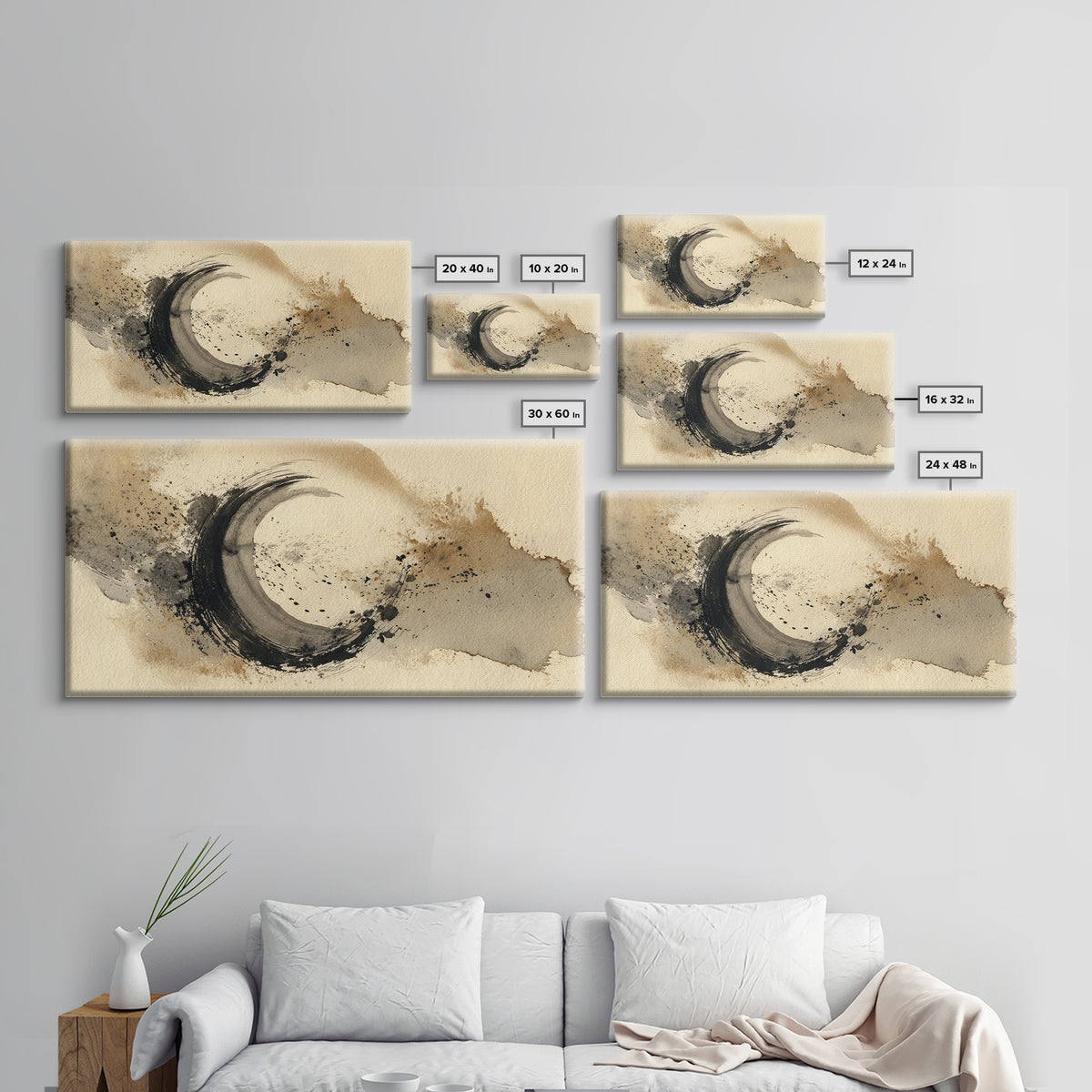 Crescent Moon Made from Elegant Ink Swashes Canvas Print, Calligraphy Art, Contemporary Art, Living Room Decor, Script, CAL-2x1-41