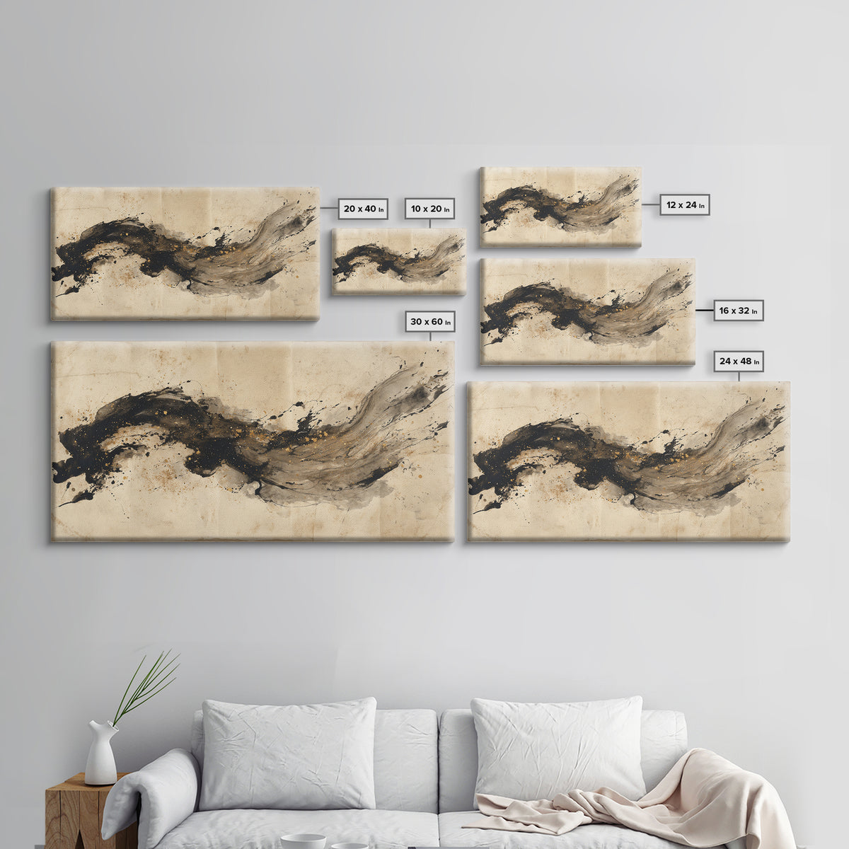 Large Sweeping Black Ink Gesture Like a Framed Canvas Print, Calligraphy Art, Prints, Living Room Decor, Fine Art, Script, CAL-2x1-45