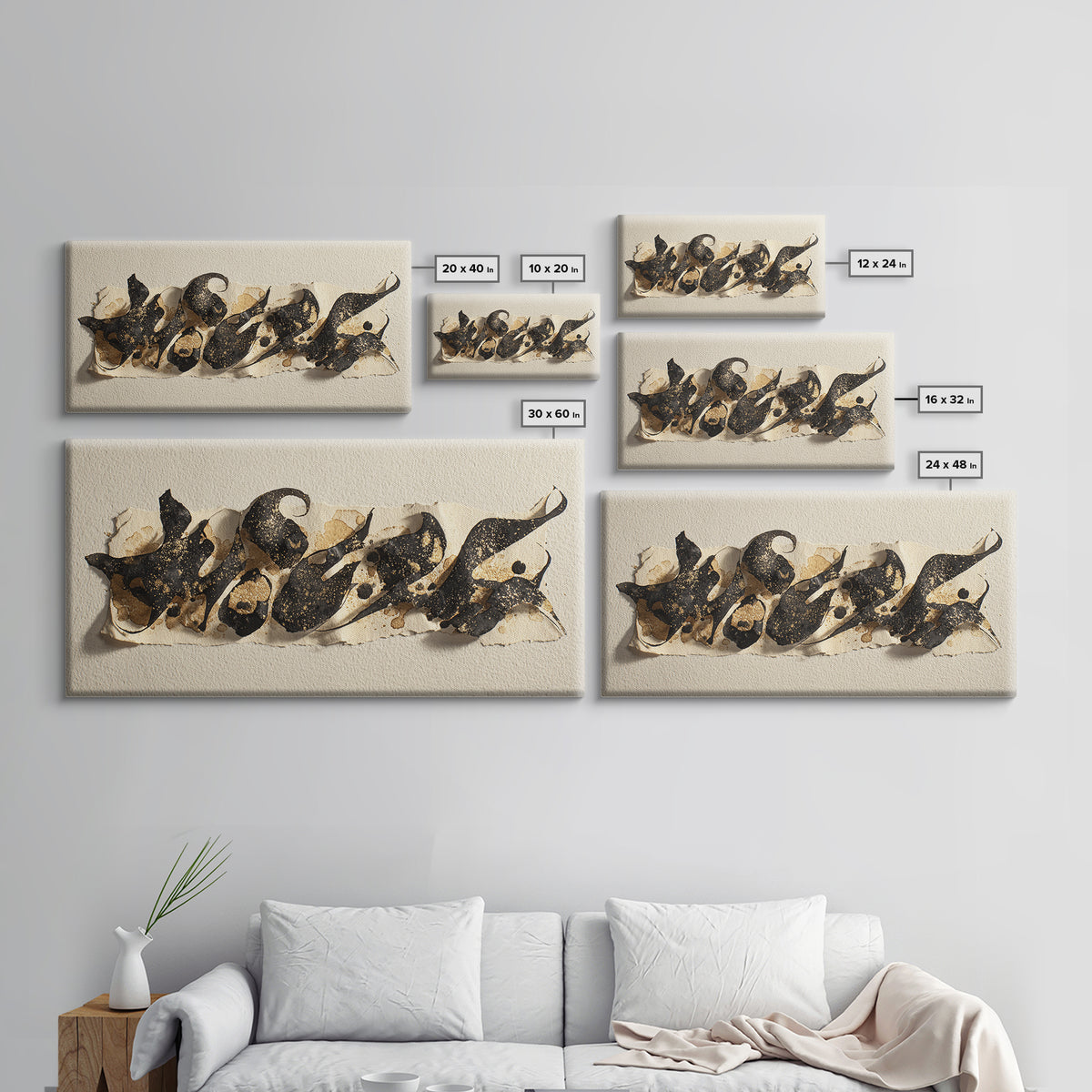 Calligraphic Bird Shape Formed from Flowing Lines Canvas Print, Calligraphy Art, Painting, Living Room Decor, Fine Art, Script, CAL-2x1-52