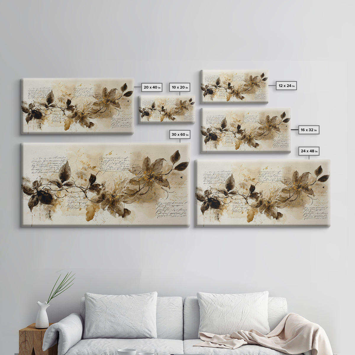 Floral Vine Created from Graceful Script Like Framed Canvas Print, Calligraphy Art, Wall Art Print, Living Room Decor, Script, CAL-2x1-55