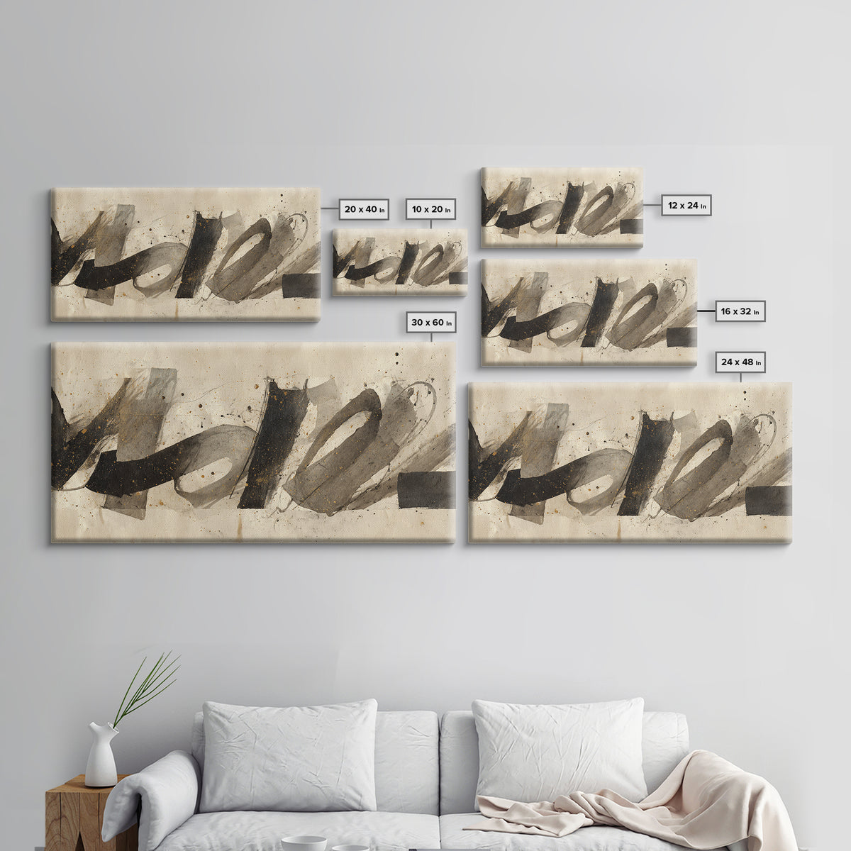 Monochrome Brush Alphabet Fragments as Abstract Texture Canvas Print, Calligraphy Art, Wall Decor, Living Room Decor, Script, CAL-2x1-57