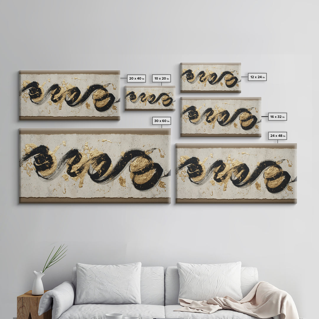 Gold Leaf Calligraphic Spiral on Plaster Surface Canvas Print, Calligraphy Art, Wall Art, Living Room Decor, Watercolor Art, CAL-2x1-58