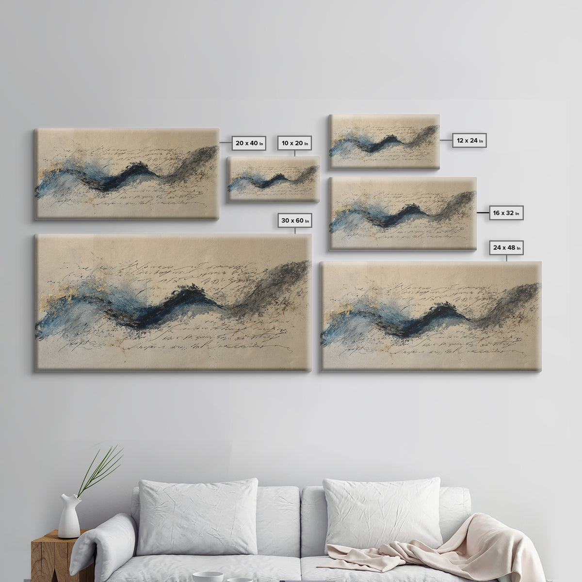 Modern Calligraphy Wave Framed Canvas Print, Calligraphy Art, Luxury Decor, Living Room Decor, Fine Art, Script, Prints, CAL-2x1-6