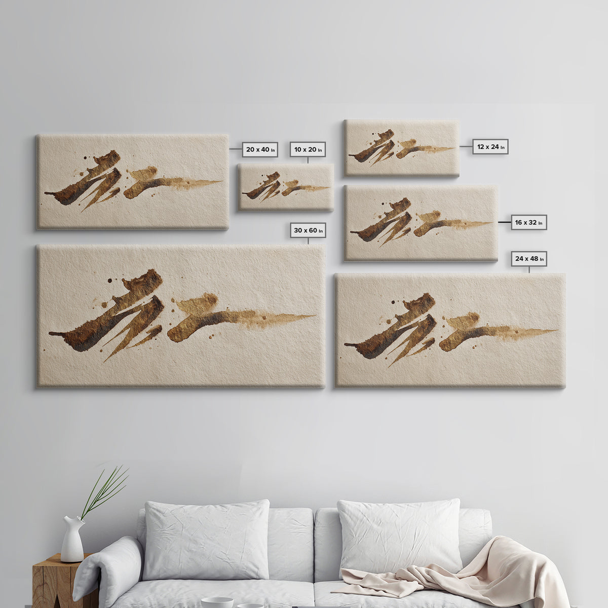 Abstract Gold Calligraphic Strokes on Ivory Paper Canvas Print, Calligraphy Art, Wall Decor, Living Room Decor, Script, CAL-2x1-70