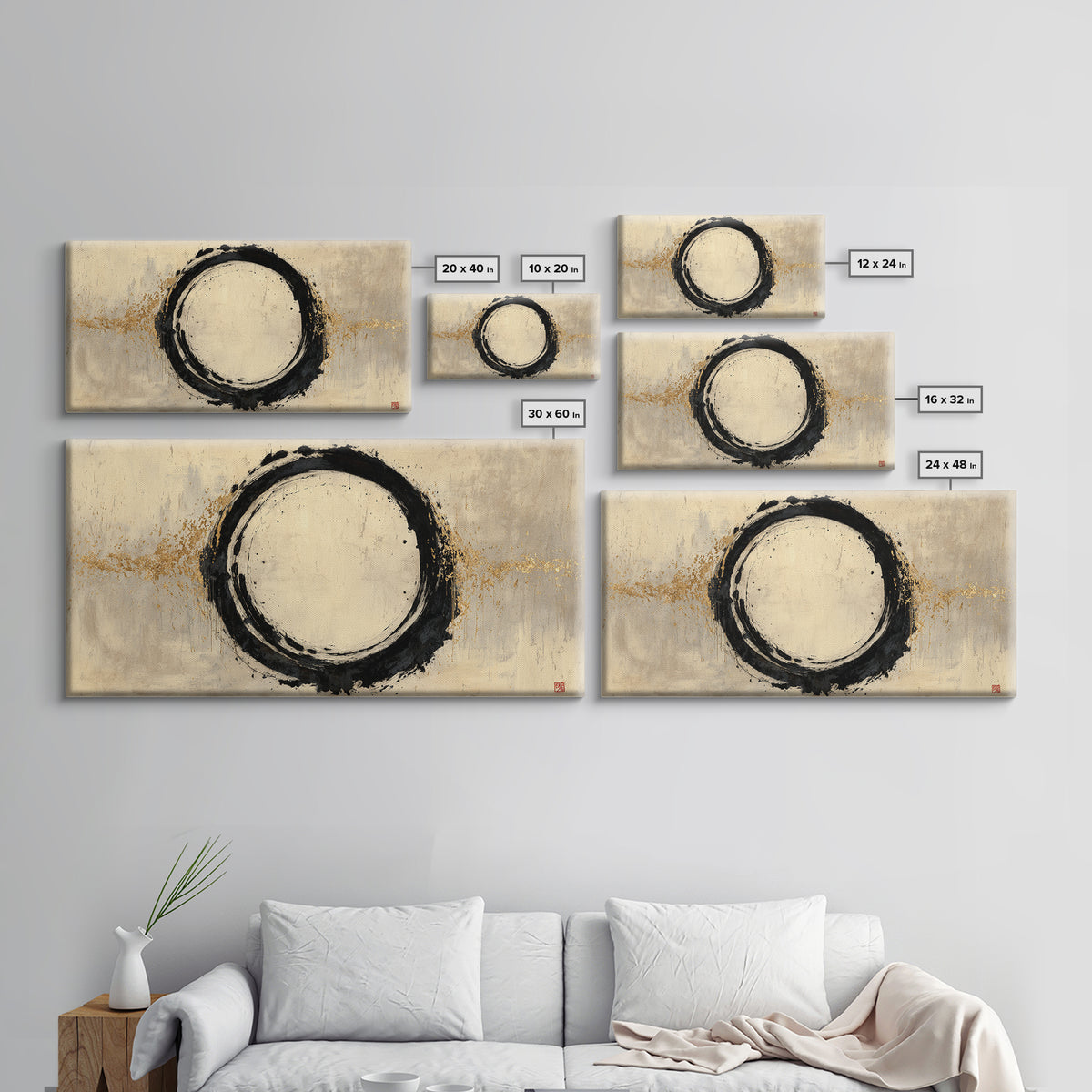 Japanese Brush Mark Circle Framed Canvas Print, Calligraphy Art, Printable Wall Art, Living Room Decor, Fine Art, Script, CAL-2x1-72