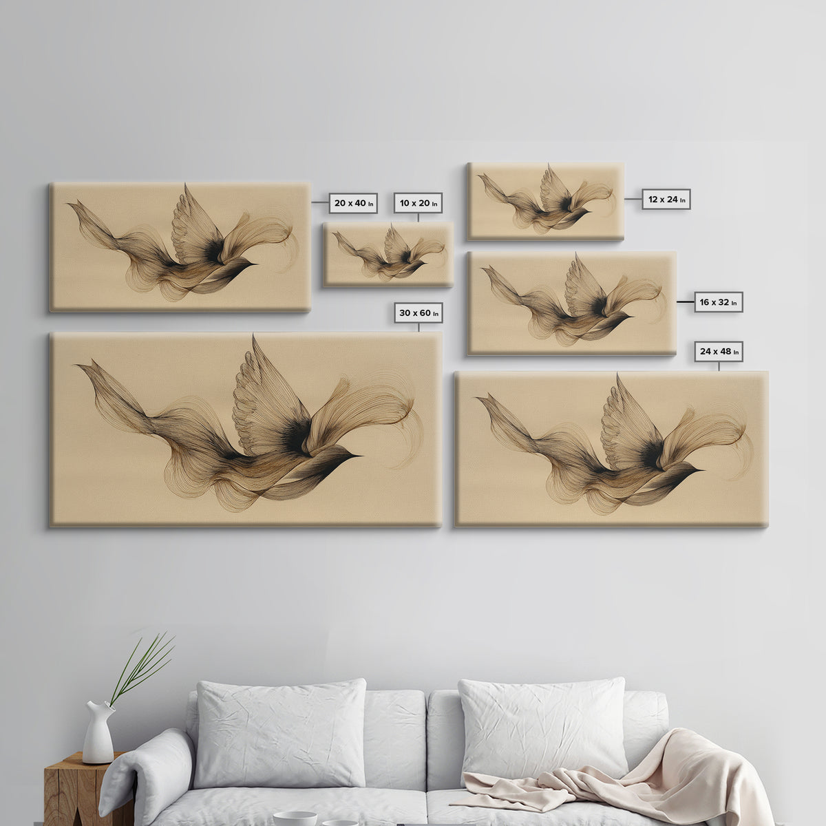 Calligraphic Bird Shape Formed from Flowing Lines Canvas Print, Calligraphy Art, Modern Wall Art, Living Room Decor, Script, CAL-2x1-76