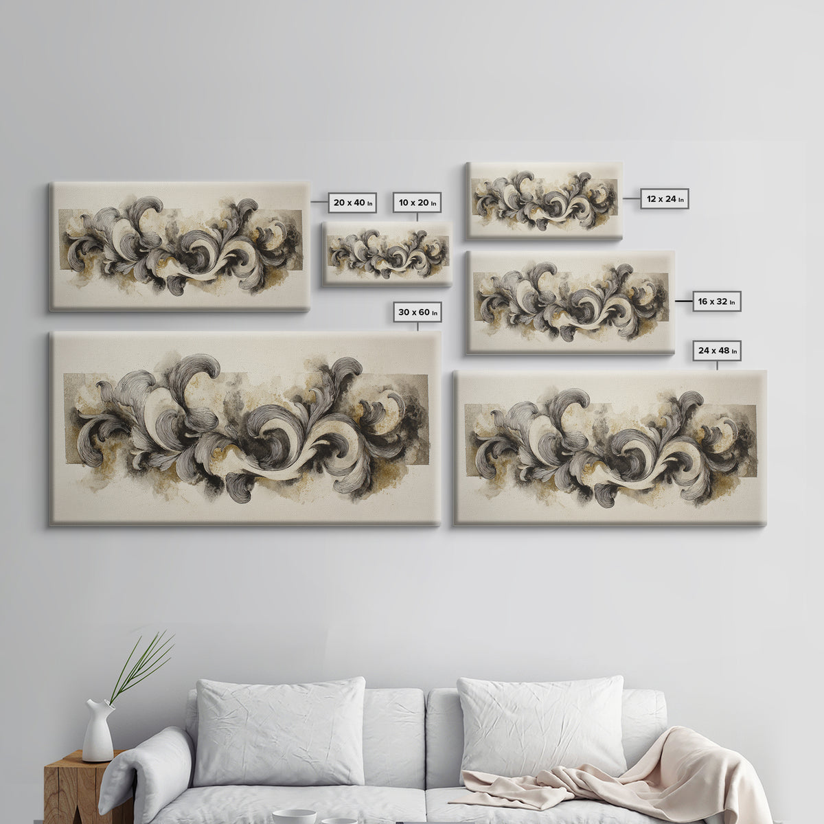 Baroque Scrollwork Made from Looping Pen Strokes Framed Canvas Print, Calligraphy Art, Japanese Art, Living Room Decor, Script, CAL-2x1-80