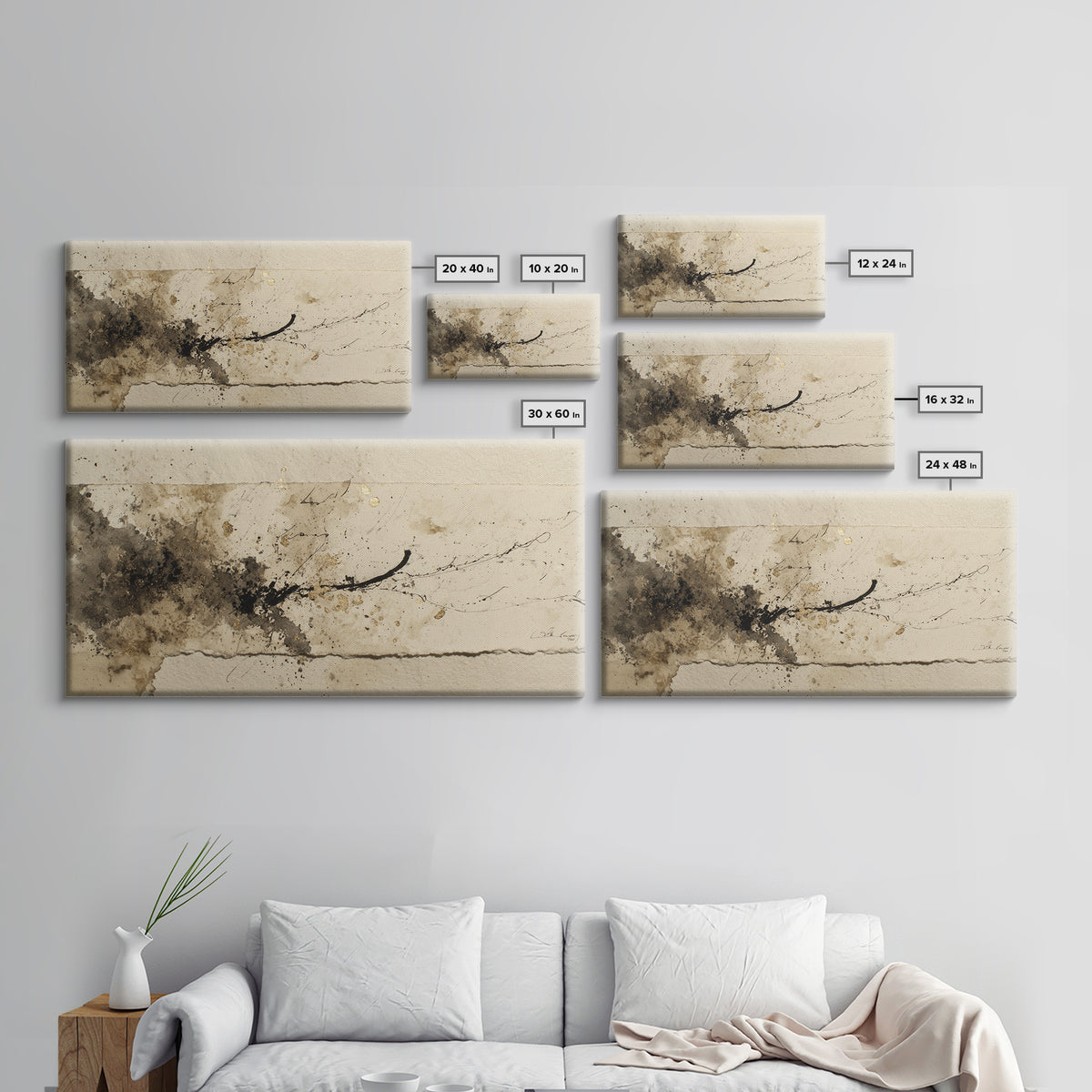 Monochrome Brush Alphabet Fragments as Abstract Texture Canvas Print, Calligraphy Art, Living Room Decor, Script, CAL-2x1-81