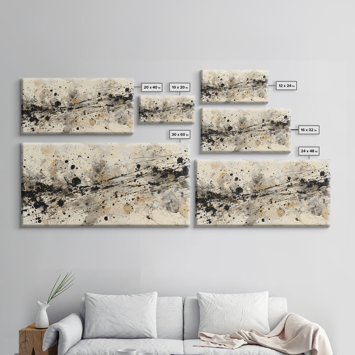 Ink Splatter and Long Brushstroke Composition Canvas Print, Calligraphy Art, Living Room Wall Art, Living Room Decor, Script, CAL-2x1-84