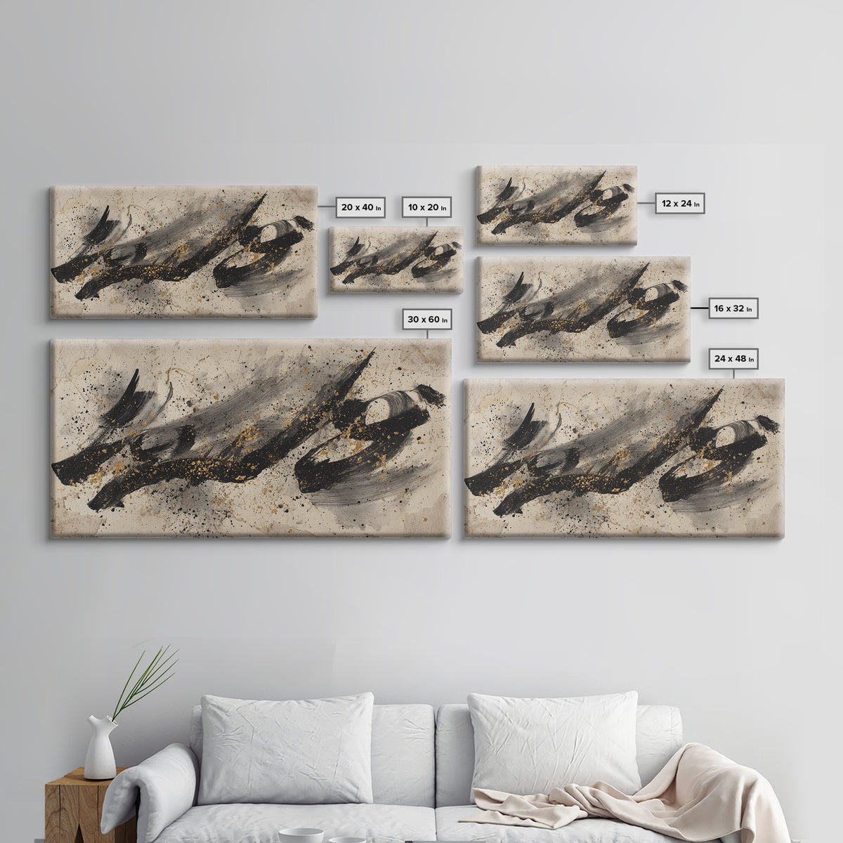 Monochrome Brush Alphabet Fragments as Abstract Texture Canvas Print, Calligraphy Art, Living Room Decor, Script, CAL-2x1-9
