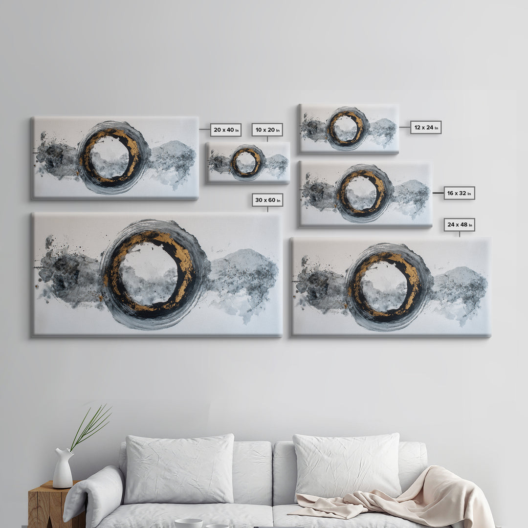 Japanese Brush Mark Circle Framed Canvas Print, Calligraphy Art, Watercolor Art, Living Room Decor, Fine Art, Script, CAL-2x1-96
