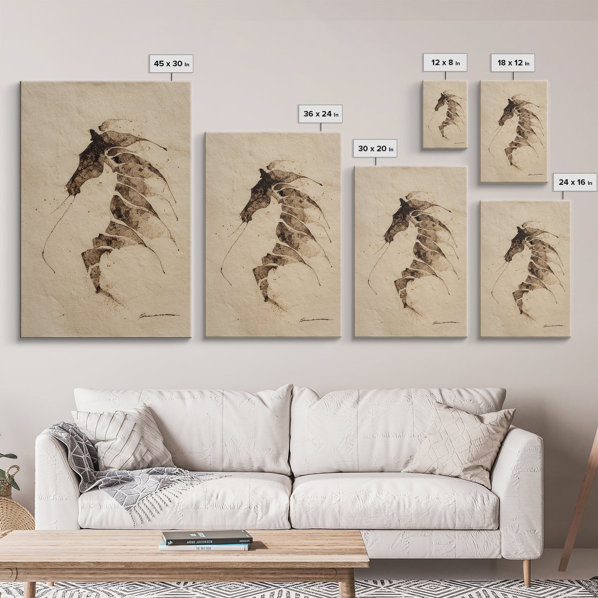 Calligraphic Horse Silhouette Made from One Line Framed Canvas Print, Calligraphy Art, Wall Art, Living Room Decor, Script, CAL-2x3-1