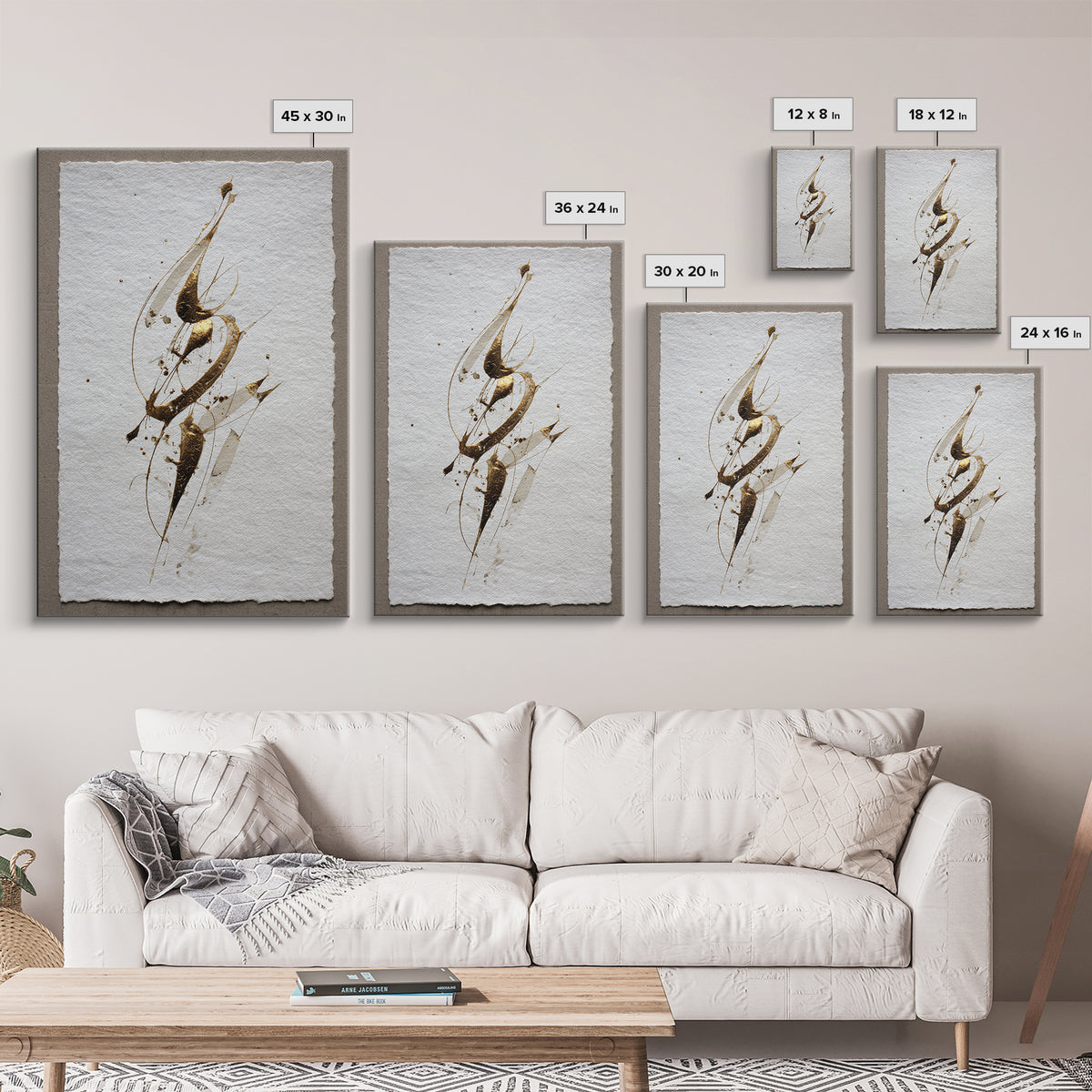 Abstract Gold Calligraphic Strokes on Ivory Paper Canvas Print, Calligraphy Art, Luxury Decor, Living Room Decor, Script, CAL-2x3-10