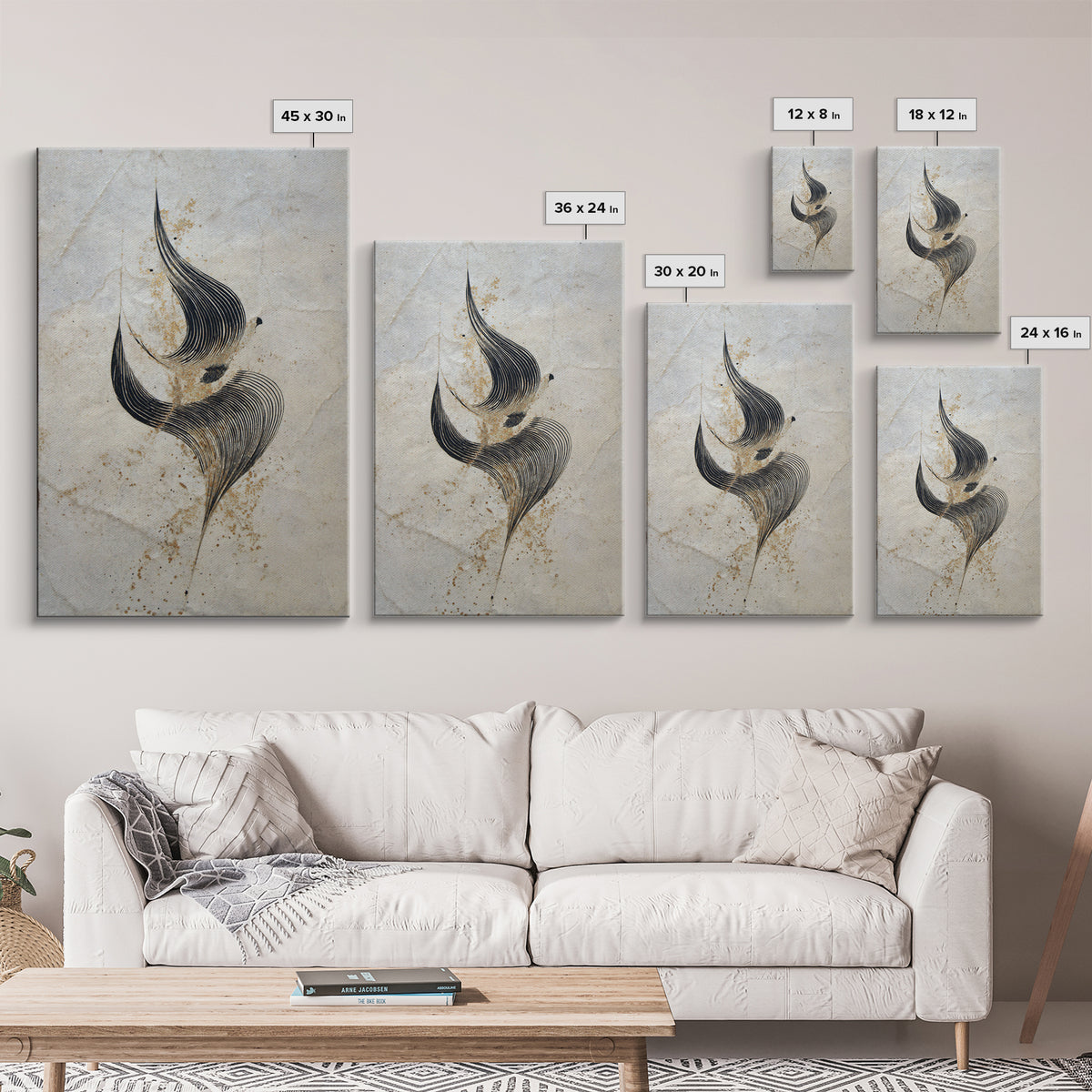 Calligraphic Bird Shape Formed from Flowing Lines Canvas Print, Calligraphy Art, Minimalist Wall Art, Living Room Decor, Script, CAL-2x3-16