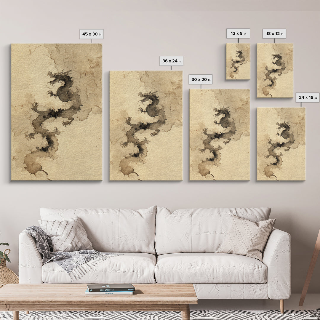 Ink Wash Dragon Curve Framed Canvas Print, Calligraphy Art, Painting, Living Room Decor, Fine Art, Script, Japanese Art, CAL-2x3-17