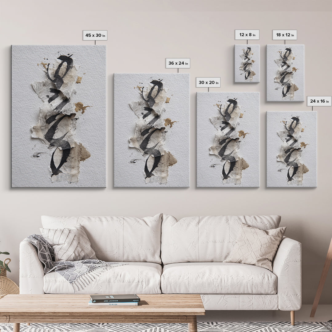 Monochrome Brush Alphabet Fragments as Abstract Texture Canvas Print, Calligraphy Art, Living Room Decor, Script, CAL-2x3-21