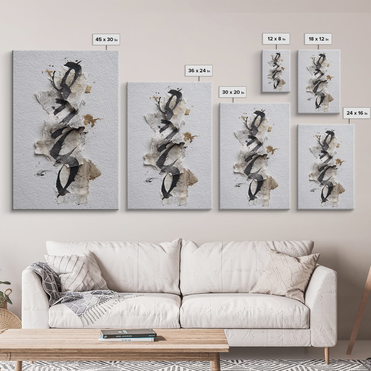 Monochrome Brush Alphabet Fragments as Abstract Texture Canvas Print, Calligraphy Art, Living Room Decor, Script, CAL-2x3-21