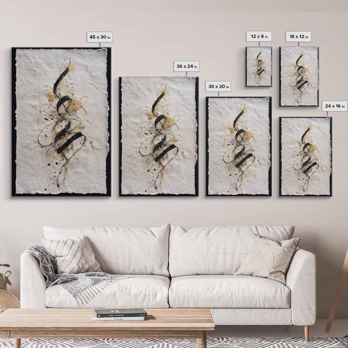 Gold Leaf Calligraphic Spiral on Plaster Surface Canvas Print, Calligraphy Art, Textured Painting, Living Room Decor, Script, CAL-2x3-22