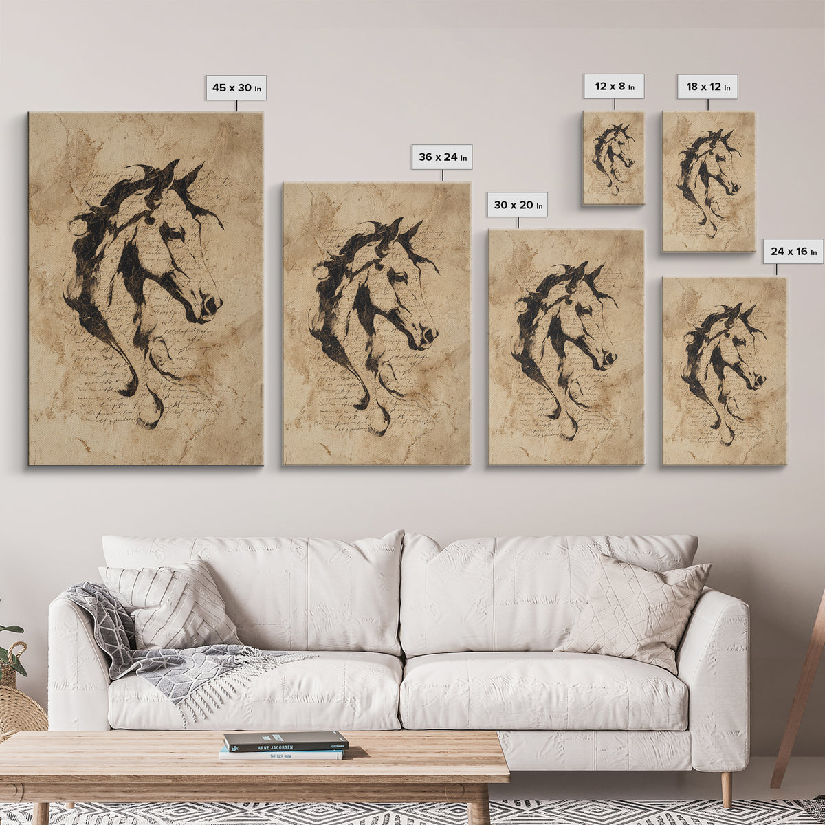 Calligraphic Horse Silhouette Made from One Line Framed Canvas Print, Calligraphy Art, Wall Art, Living Room Decor, Script, CAL-2x3-25