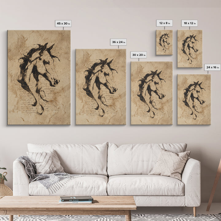 Calligraphic Horse Silhouette Made from One Line Framed Canvas Print, Calligraphy Art, Wall Art, Living Room Decor, Script, CAL-2x3-25