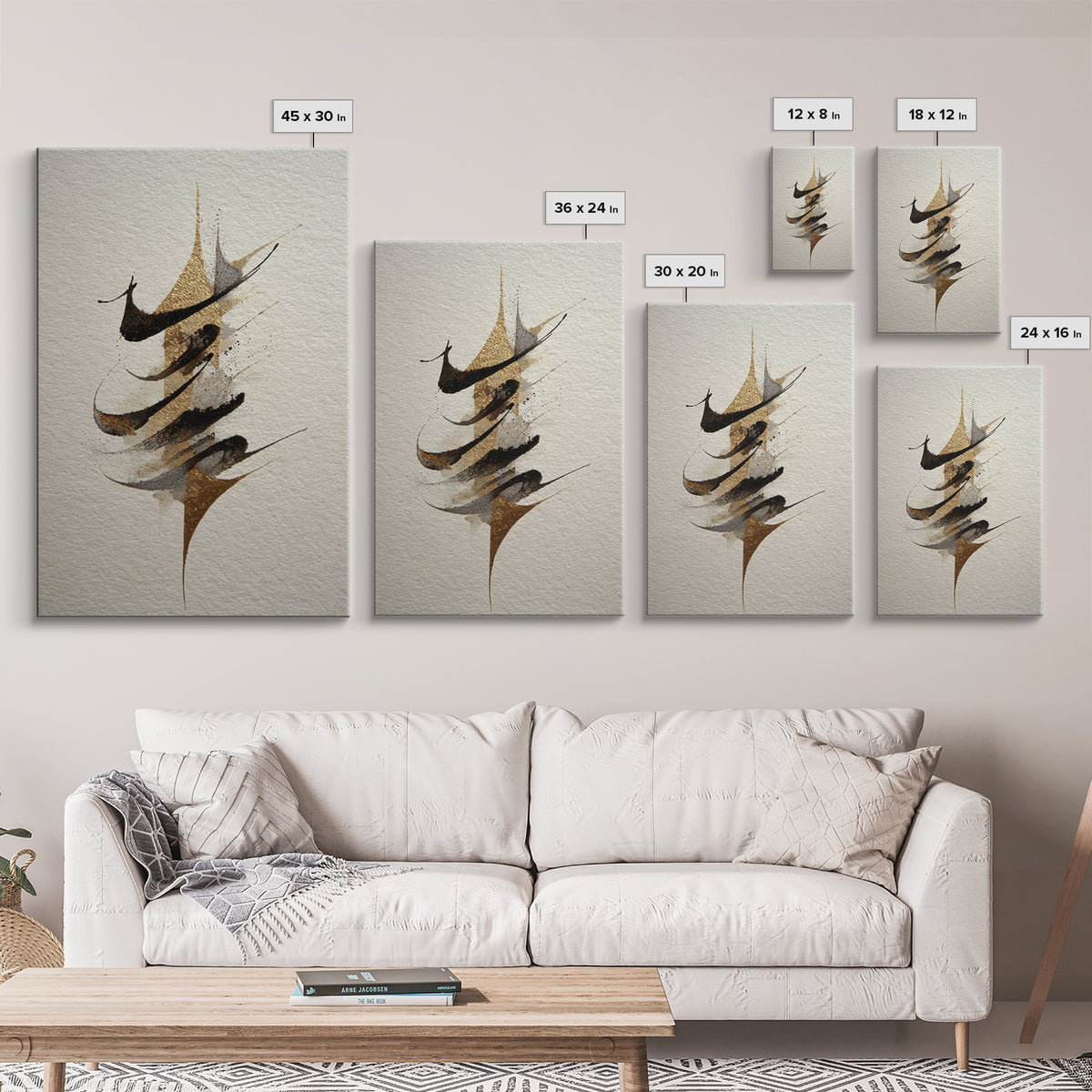 Abstract Gold Calligraphic Strokes on Ivory Paper Canvas Print, Calligraphy Art, Contemporary Art, Living Room Decor, Script, CAL-2x3-34