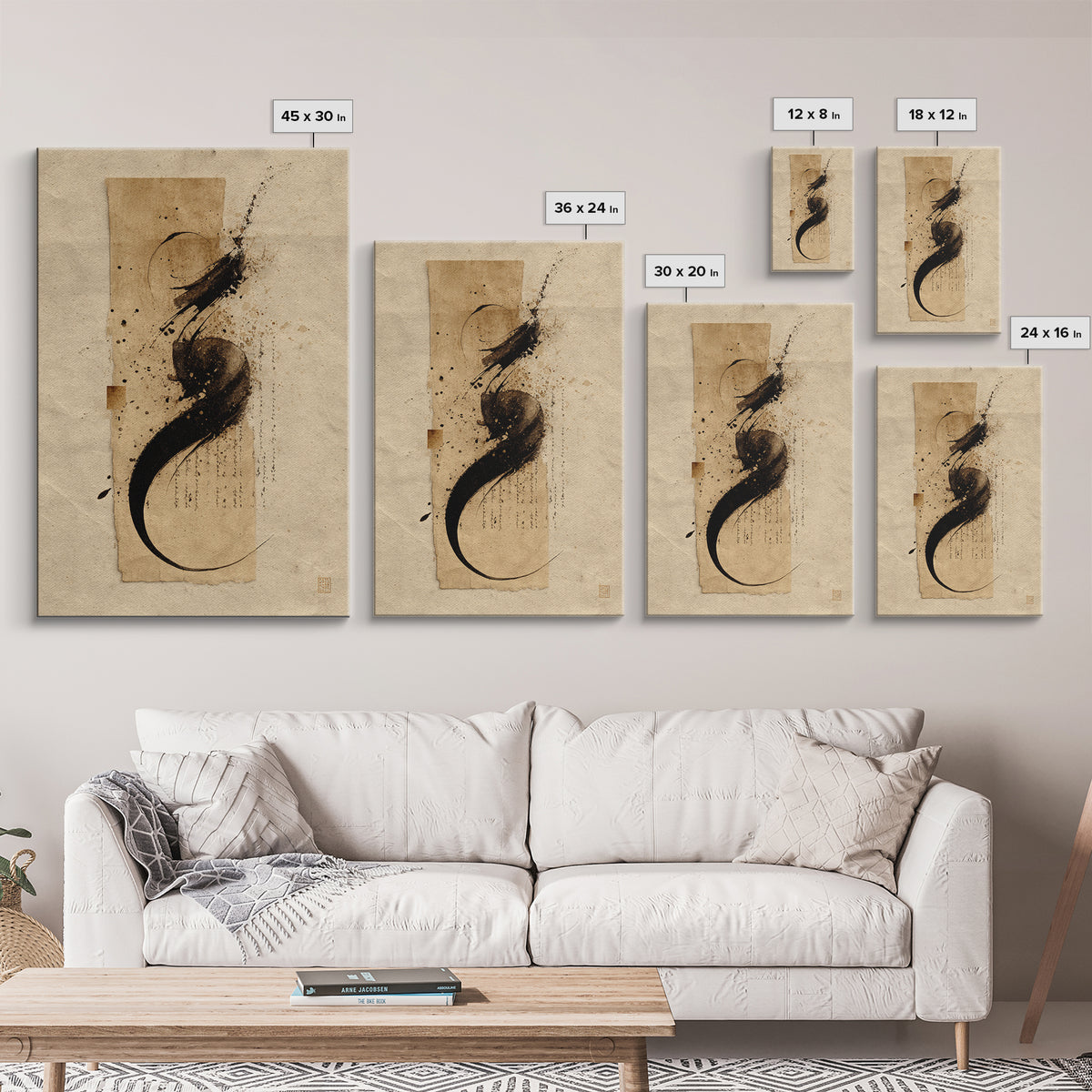 Minimal Black Calligraphy Rhythm Canvas Print, Calligraphy Art, Minimalist Decor, Living Room Decor, Fine Art, Script, CAL-2x3-39