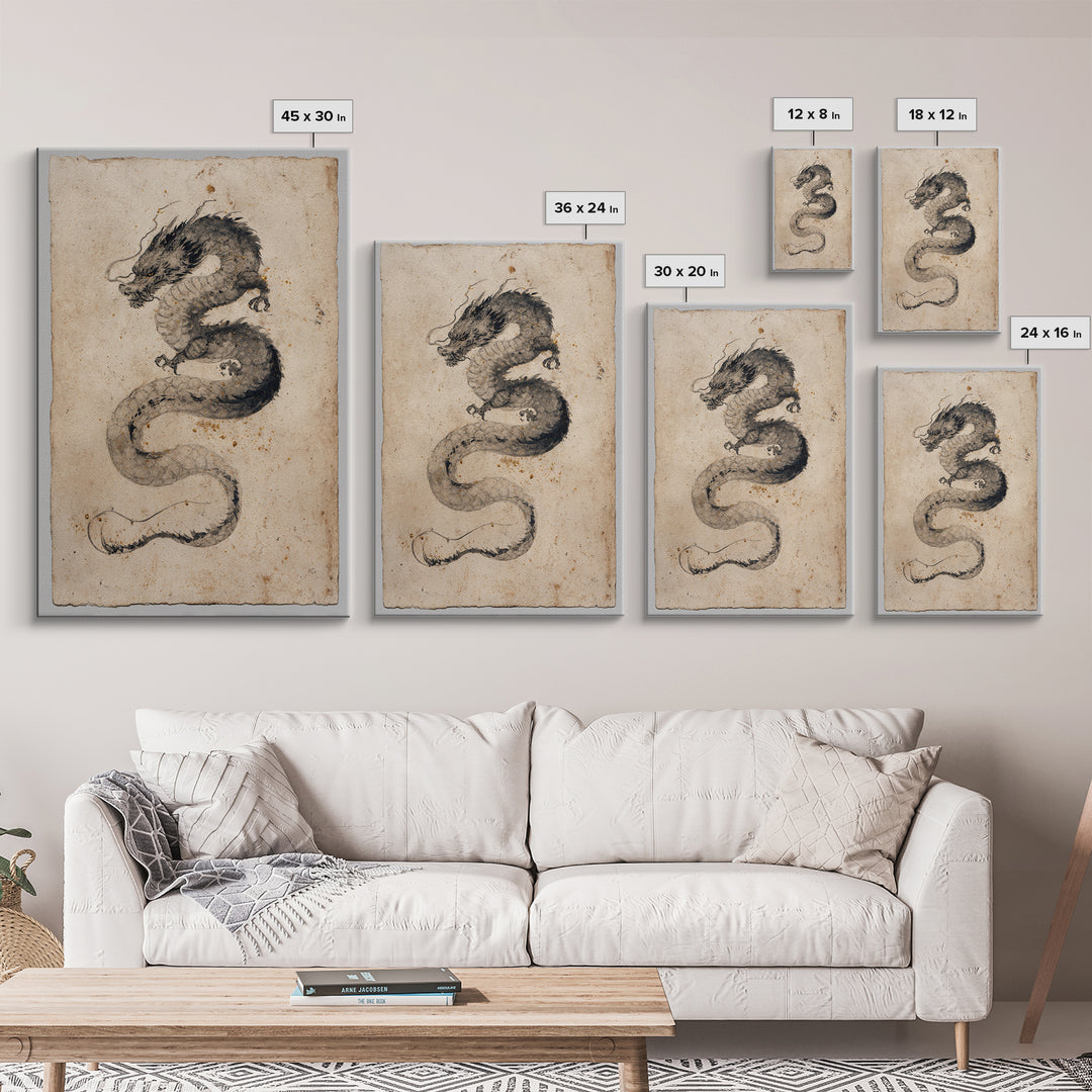 Ink Wash Dragon Curve Framed Canvas Print, Calligraphy Art, Painting, Living Room Decor, Fine Art, Script, Japanese Art, CAL-2x3-41