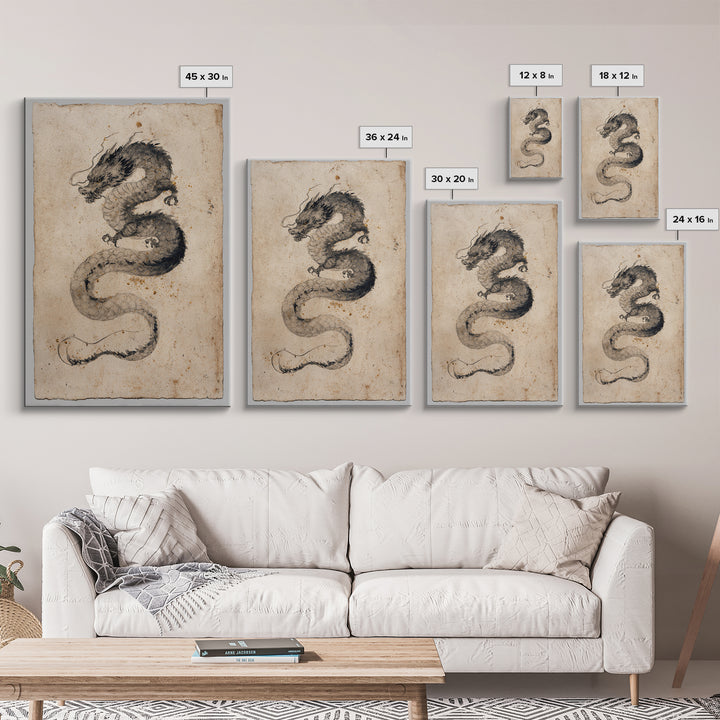 Ink Wash Dragon Curve Framed Canvas Print, Calligraphy Art, Painting, Living Room Decor, Fine Art, Script, Japanese Art, CAL-2x3-41