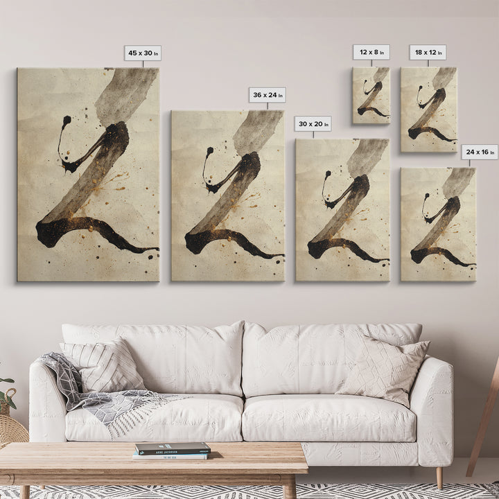 Monochrome Brush Alphabet Fragments as Abstract Texture Canvas Print, Calligraphy Art, Digital Prints, Living Room Decor, CAL-2x3-45