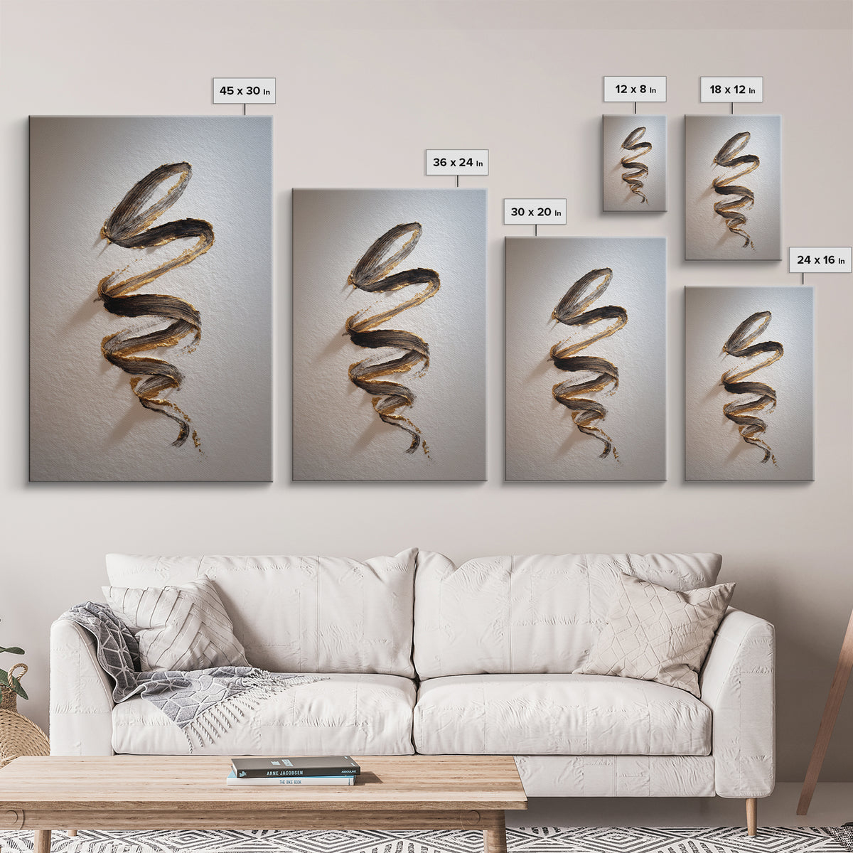Gold Leaf Calligraphic Spiral on Plaster Surface Canvas Print, Calligraphy Art, Textured Painting, Living Room Decor, Script, CAL-2x3-46