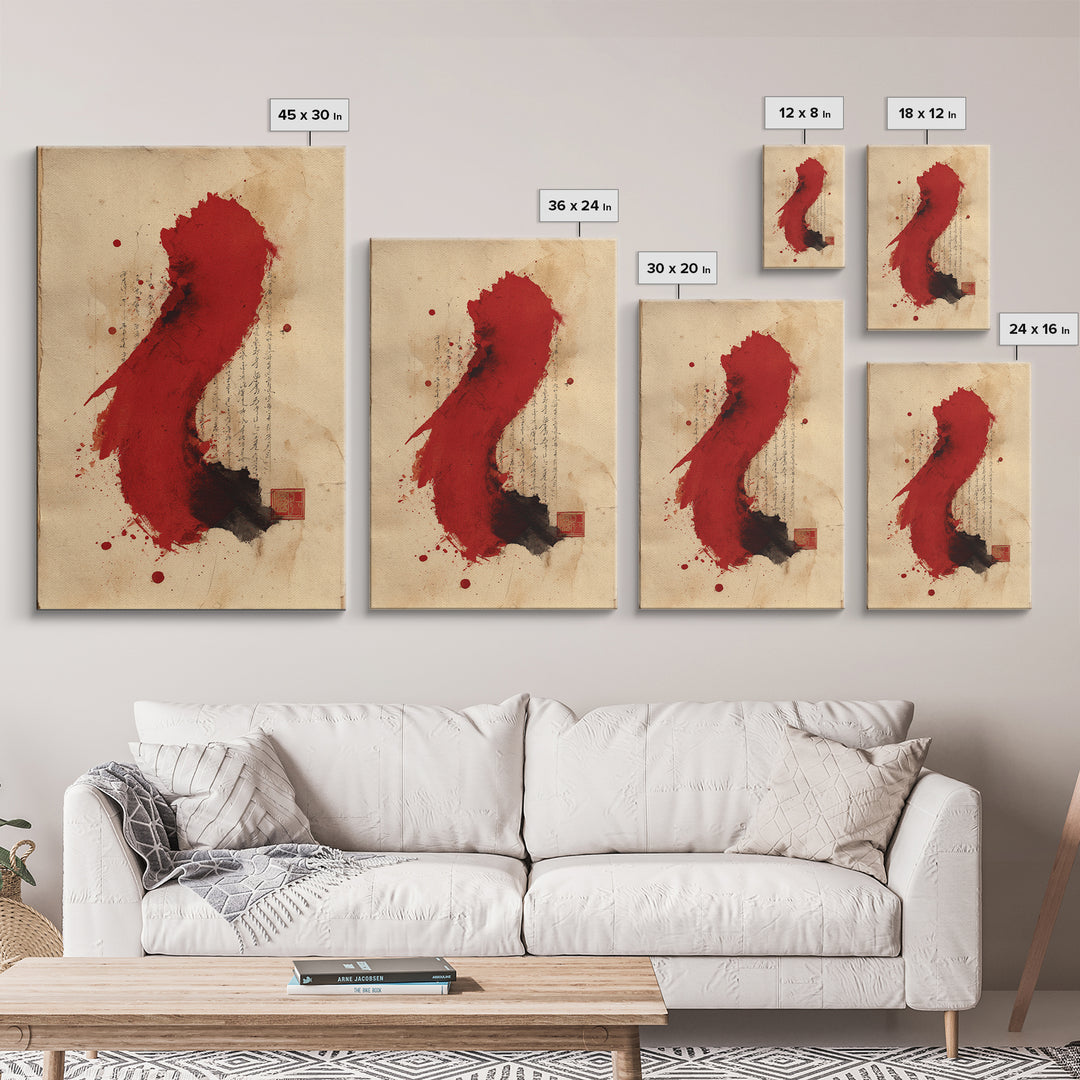 Bold Red Brushstroke Seal Abstraction Framed Canvas Print, Calligraphy Art, Room Decor, Living Room Decor, Fine Art, Script, CAL-2x3-51