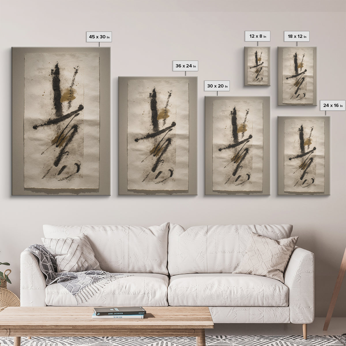 Abstract Prayer Flag of Brush Marks Framed Canvas Print, Calligraphy Art, Textured Painting, Living Room Decor, Script, CAL-2x3-55