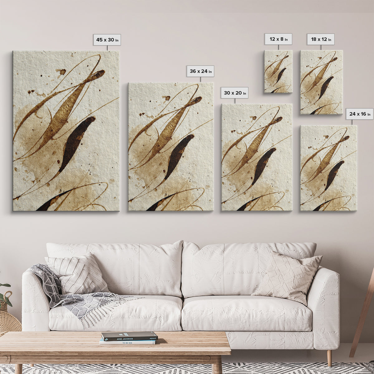 Abstract Gold Calligraphic Strokes on Ivory Paper Canvas Print, Calligraphy Art, Digital Prints, Living Room Decor, Script, CAL-2x3-58