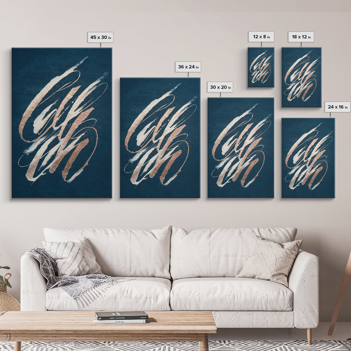 Layered Copper Ink Strokes on Dark Navy Canvas Print, Calligraphy Art, Prints, Living Room Decor, Script, Bedroom Wall Decor, CAL-2x3-62