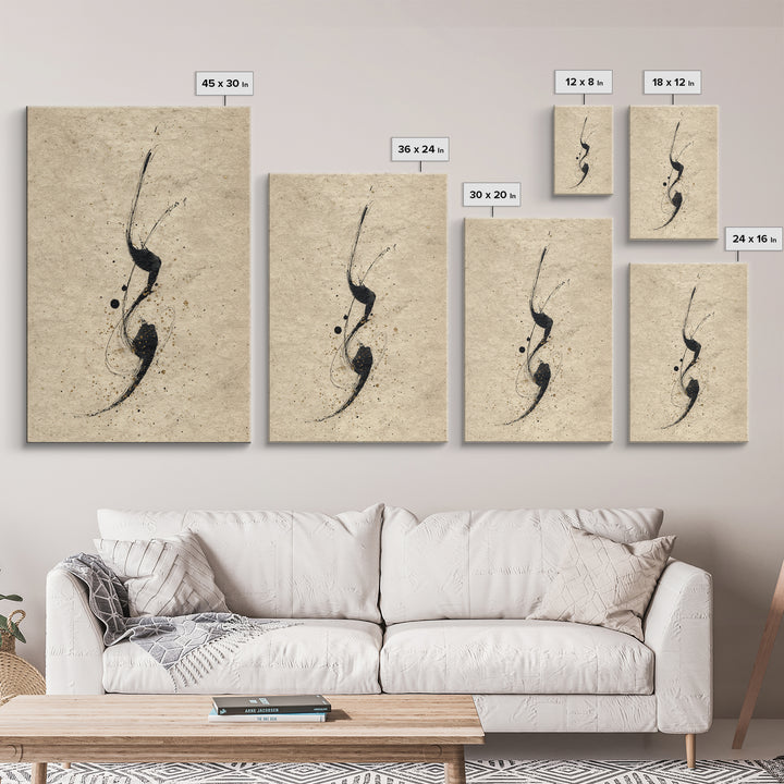Minimal Black Calligraphy Rhythm Framed Canvas Print, Calligraphy Art, Painting, Living Room Decor, Fine Art, Script, CAL-2x3-63