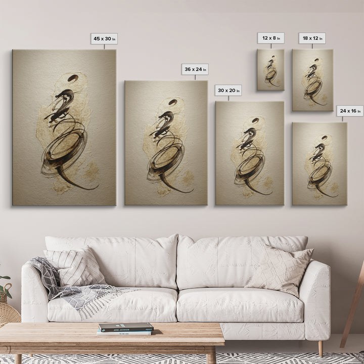 Calligraphic Bird Shape Formed from Flowing Lines Framed Canvas Print, Calligraphy Art, Room Decor, Living Room Decor, Script, CAL-2x3-64