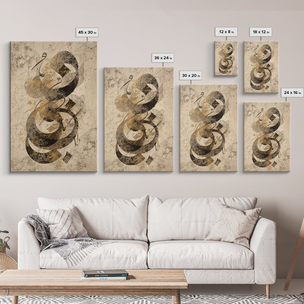 Arabic Ornamental Curves as Non Readable Art Framed Canvas Print, Calligraphy Art, Unique Wall Art, Living Room Decor, Script, CAL-2x3-83