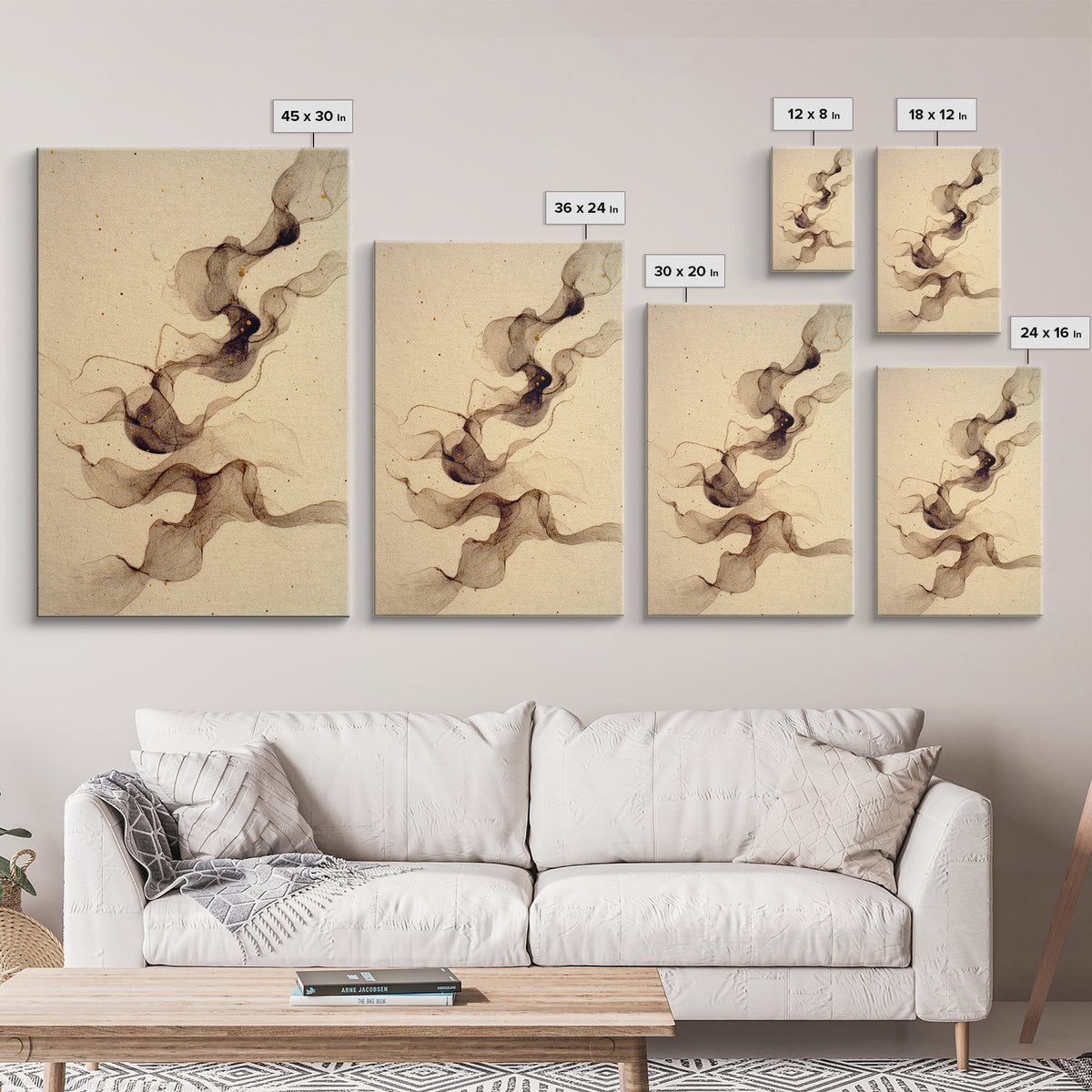 Ink Wash Dragon Curve Framed Canvas Print, Calligraphy Art, Modern Wall Art, Living Room Decor, Script, Watercolor Print, CAL-2x3-89