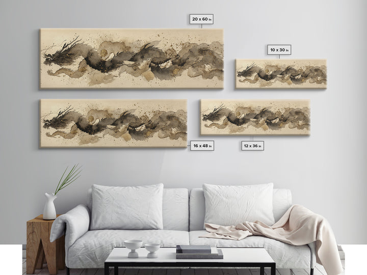 Ink Wash Dragon Curve Framed Canvas Print, Calligraphy Art, Wall Art Print, Living Room Decor, Fine Art, Script, Japanese Decor, CAL-3x1-1