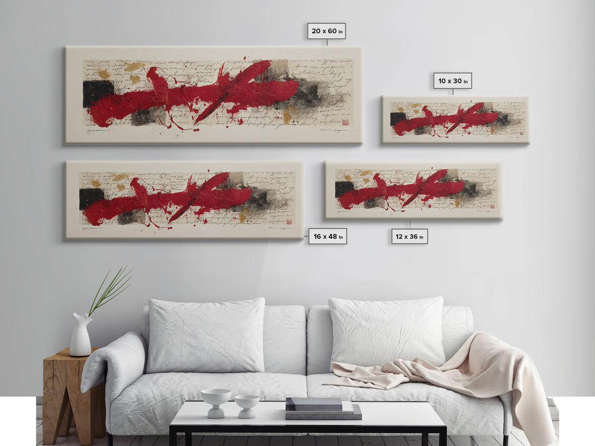 Bold Red Brushstroke Seal Abstraction Canvas Print, Calligraphy Art, Gallery Wall Set, Living Room Decor, Fine Art, Script, CAL-3x1-11