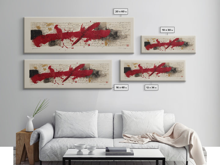 Bold Red Brushstroke Seal Abstraction Canvas Print, Calligraphy Art, Gallery Wall Set, Living Room Decor, Fine Art, Script, CAL-3x1-11