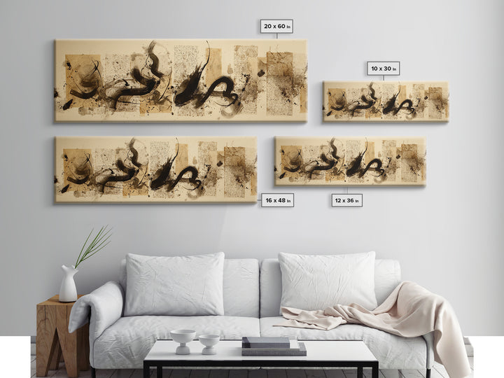 Large Sweeping Black Ink Gesture Like a Framed Canvas Print, Calligraphy Art, Living Room Wall Art, Living Room Decor, Script, CAL-3x1-17