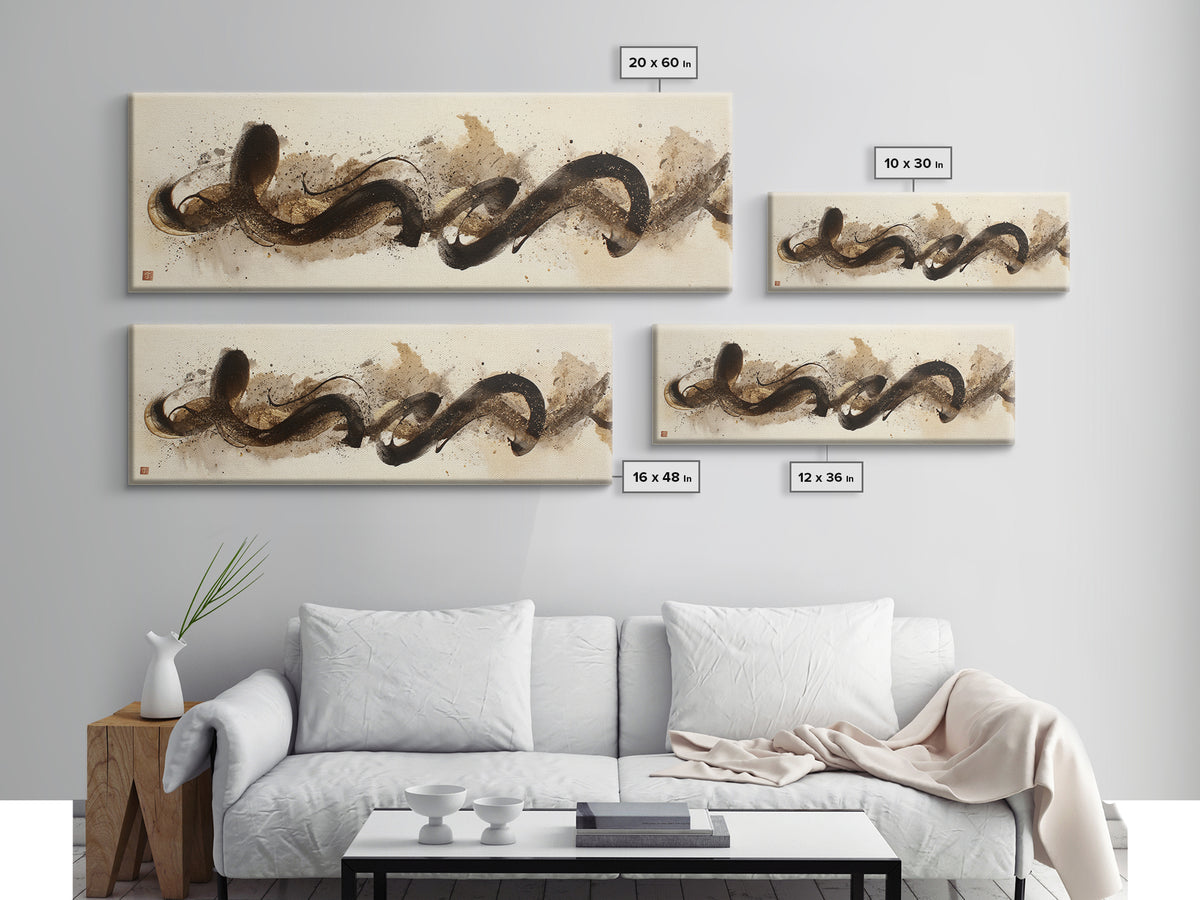 Abstract Gold Calligraphic Strokes on Ivory Paper Canvas Print, Calligraphy Art, Printable Wall Art, Living Room Decor, Script, CAL-3x1-18