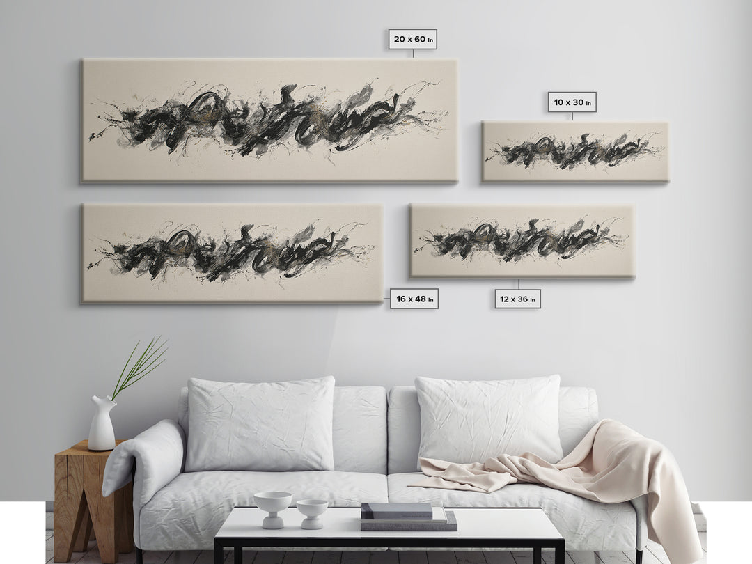 Calligraphic Bird Shape Formed from Flowing Lines Canvas Print, Calligraphy Art, Gallery Wall Set, Living Room Decor, Script, CAL-3x1-24