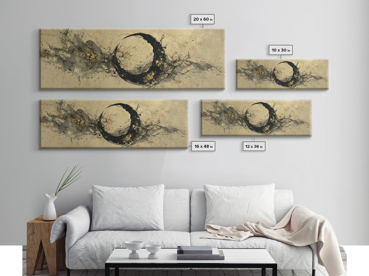 Crescent Moon Made from Elegant Ink Swashes Framed Canvas Print, Calligraphy Art, Japanese Art, Living Room Decor, Script, CAL-3x1-37