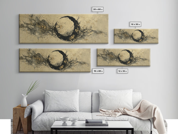 Crescent Moon Made from Elegant Ink Swashes Framed Canvas Print, Calligraphy Art, Japanese Art, Living Room Decor, Script, CAL-3x1-37