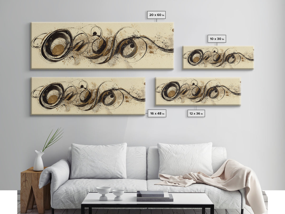 Baroque Scrollwork Made from Looping Pen Strokes Canvas Print, Calligraphy Art, Minimalist Wall Art, Living Room Decor, Script, CAL-3x1-4