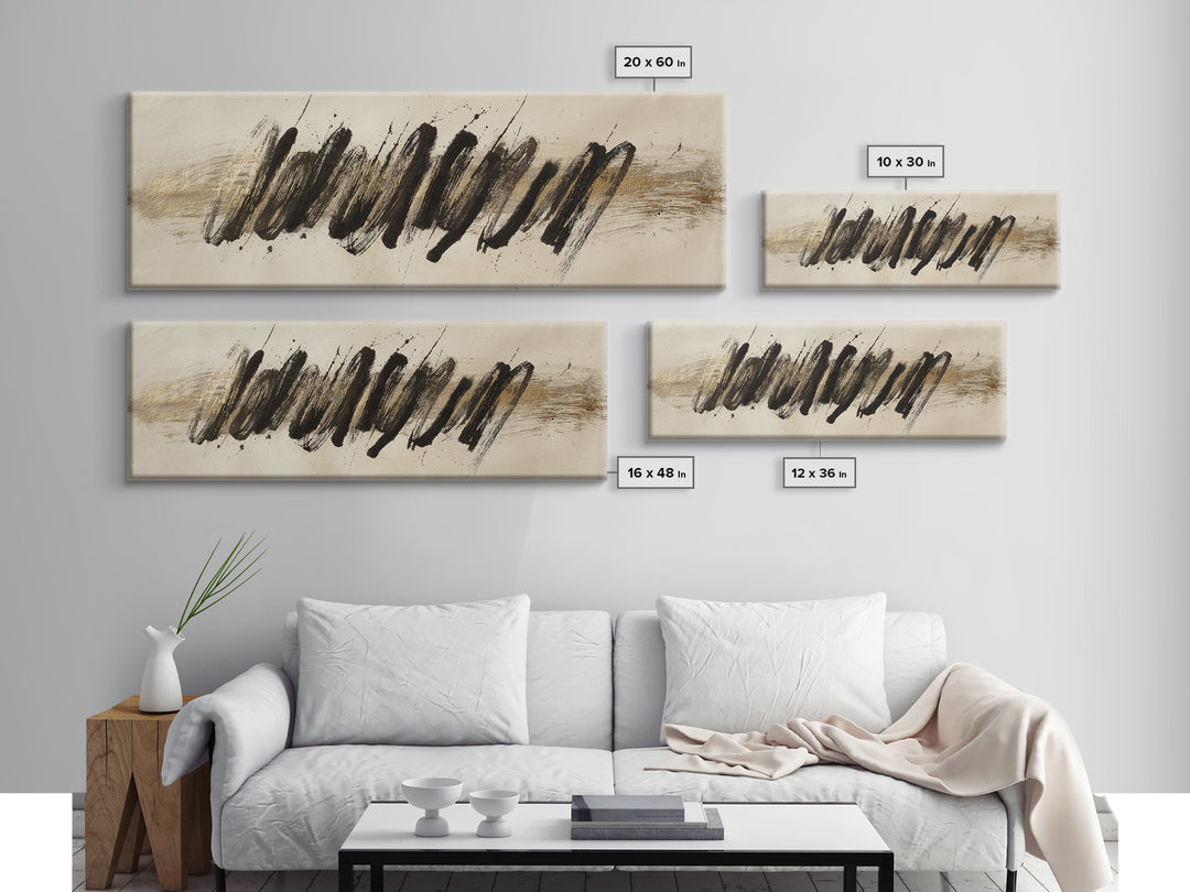 Abstract Gold Calligraphic Strokes on Ivory Paper Canvas Print, Calligraphy Art, Unique Wall Art, Living Room Decor, Script, CAL-3x1-42