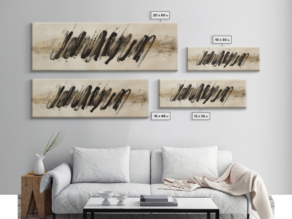 Abstract Gold Calligraphic Strokes on Ivory Paper Canvas Print, Calligraphy Art, Unique Wall Art, Living Room Decor, Script, CAL-3x1-42